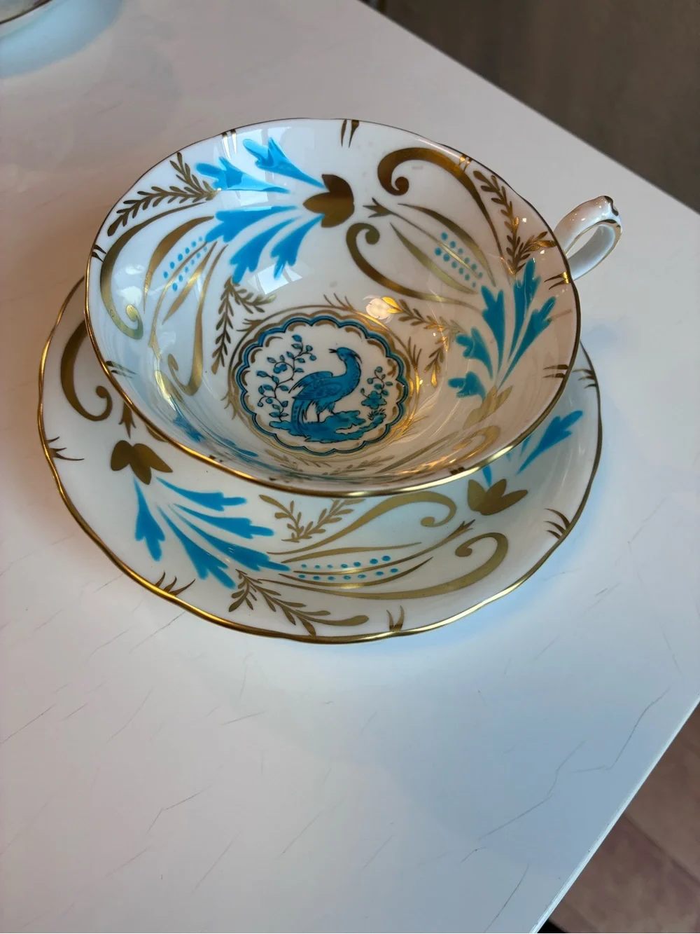 Royal Chelsea Blue & Gold Peacock Teacup and Saucer